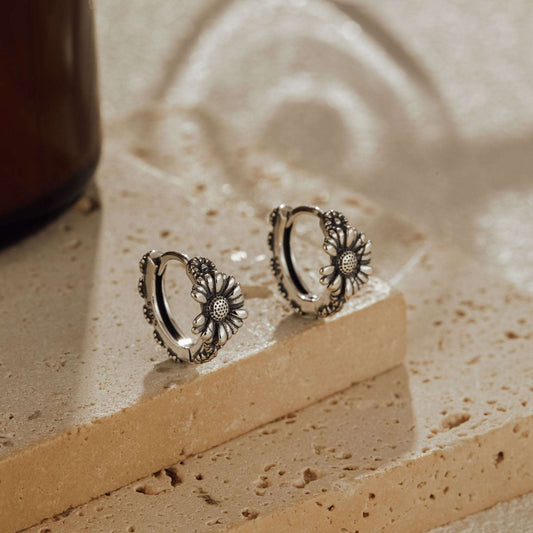 Oxidized Sunflower 925 Sterling Silver Huggie Earrings