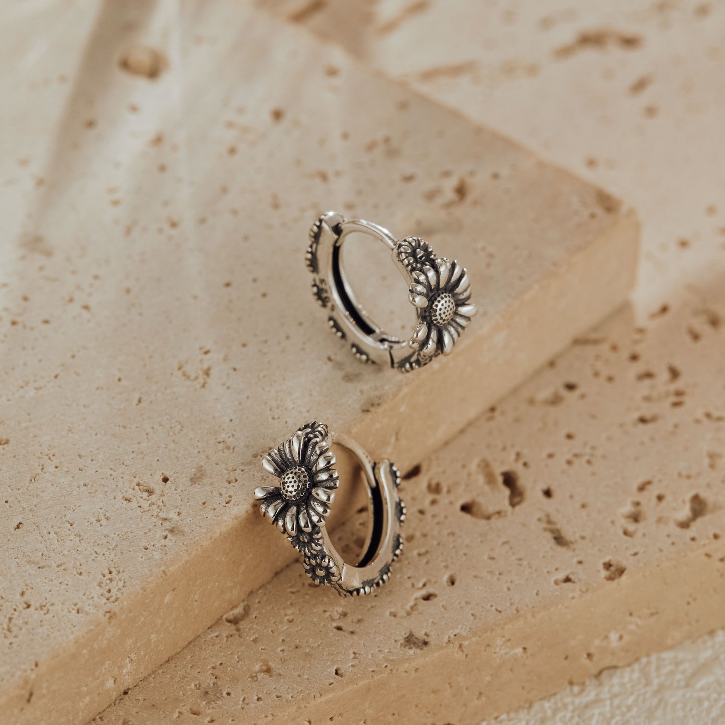 Oxidized Sunflower 925 Sterling Silver Huggie Earrings