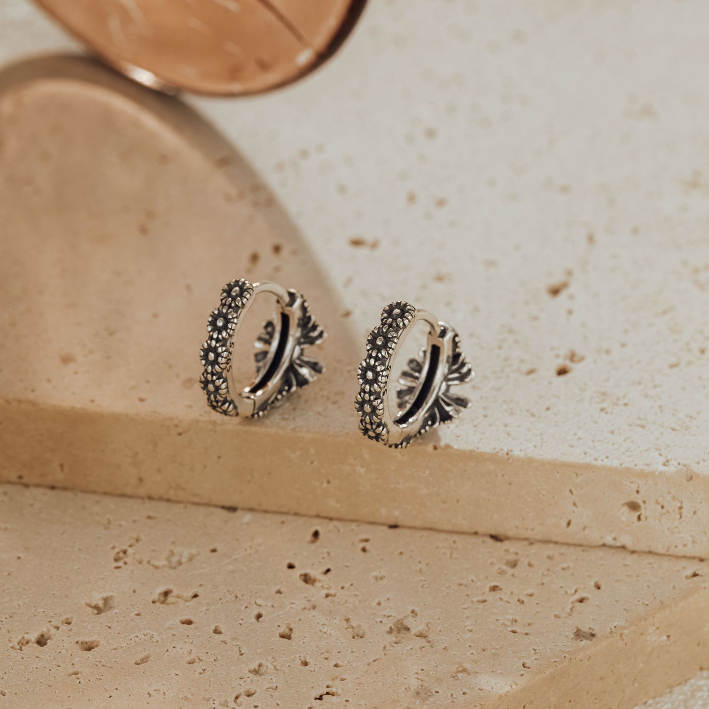 Oxidized Sunflower 925 Sterling Silver Huggie Earrings