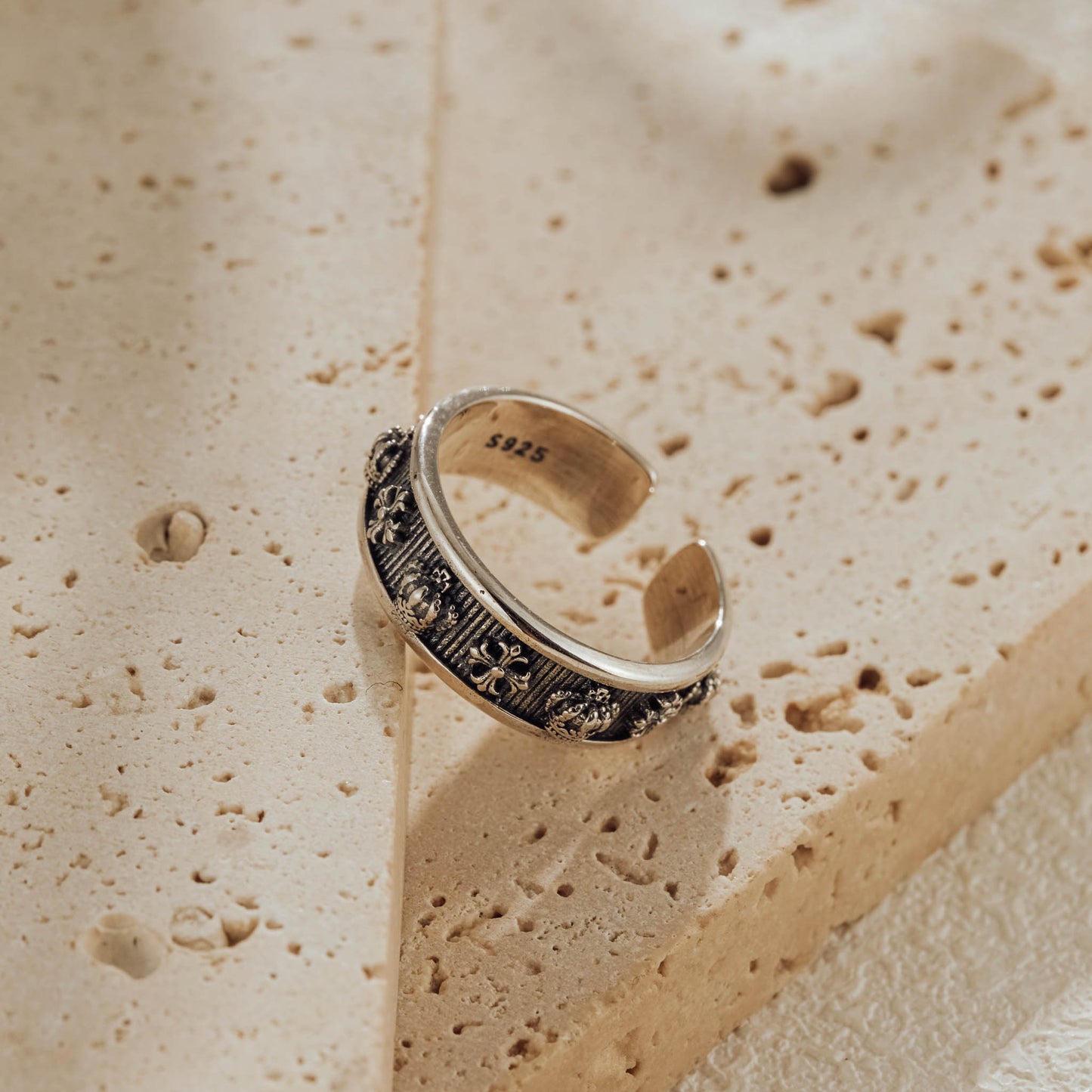 Intricate crown and cross sterling silver ring adjustable size