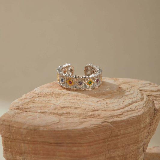 Floral multicolor crystal sterling silver adjustable ring with sparkling crystals