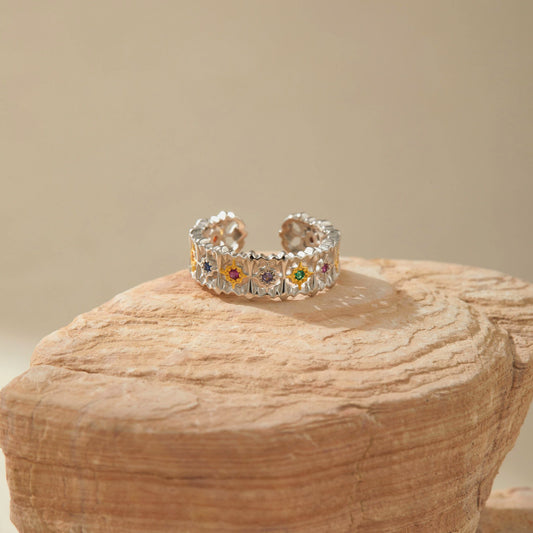 Floral multicolor crystal sterling silver adjustable ring with sparkling crystals