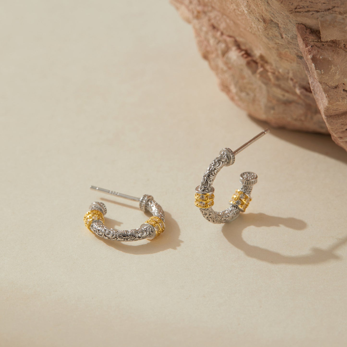 925 sterling silver botanical hoop earrings with yellow gold accents