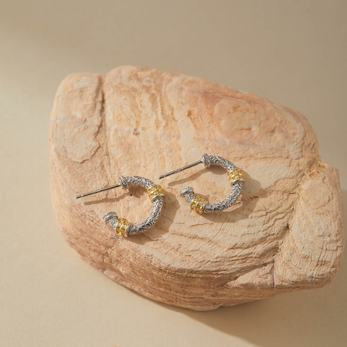 Vintage-inspired silver and gold hoop earrings, 15mm diameter