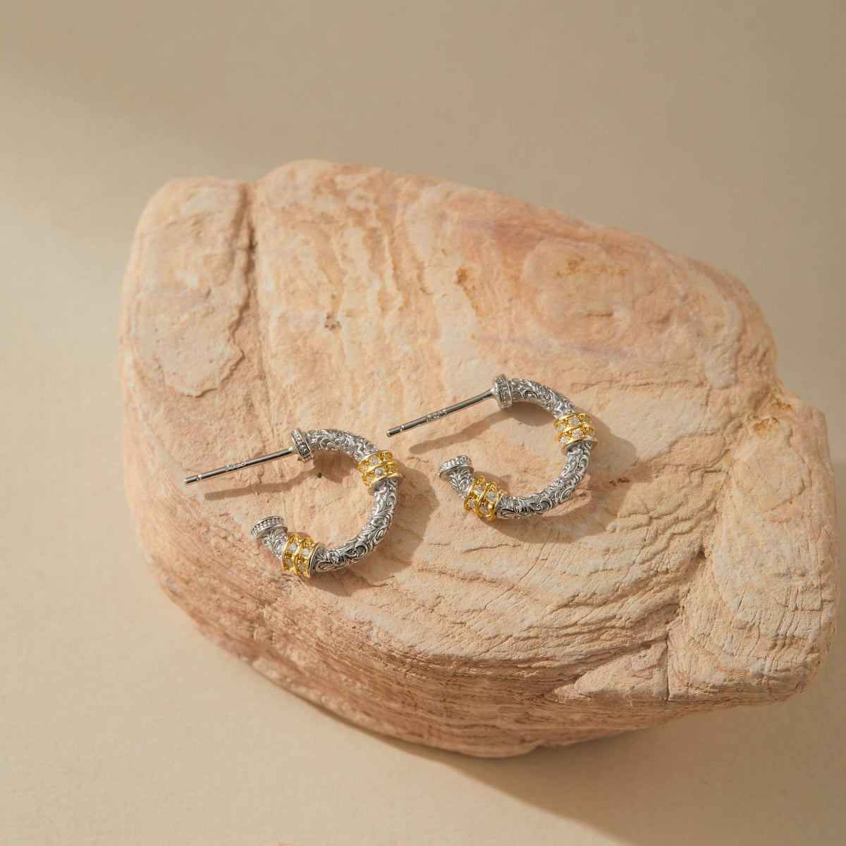 Vintage-inspired silver and gold hoop earrings, 15mm diameter