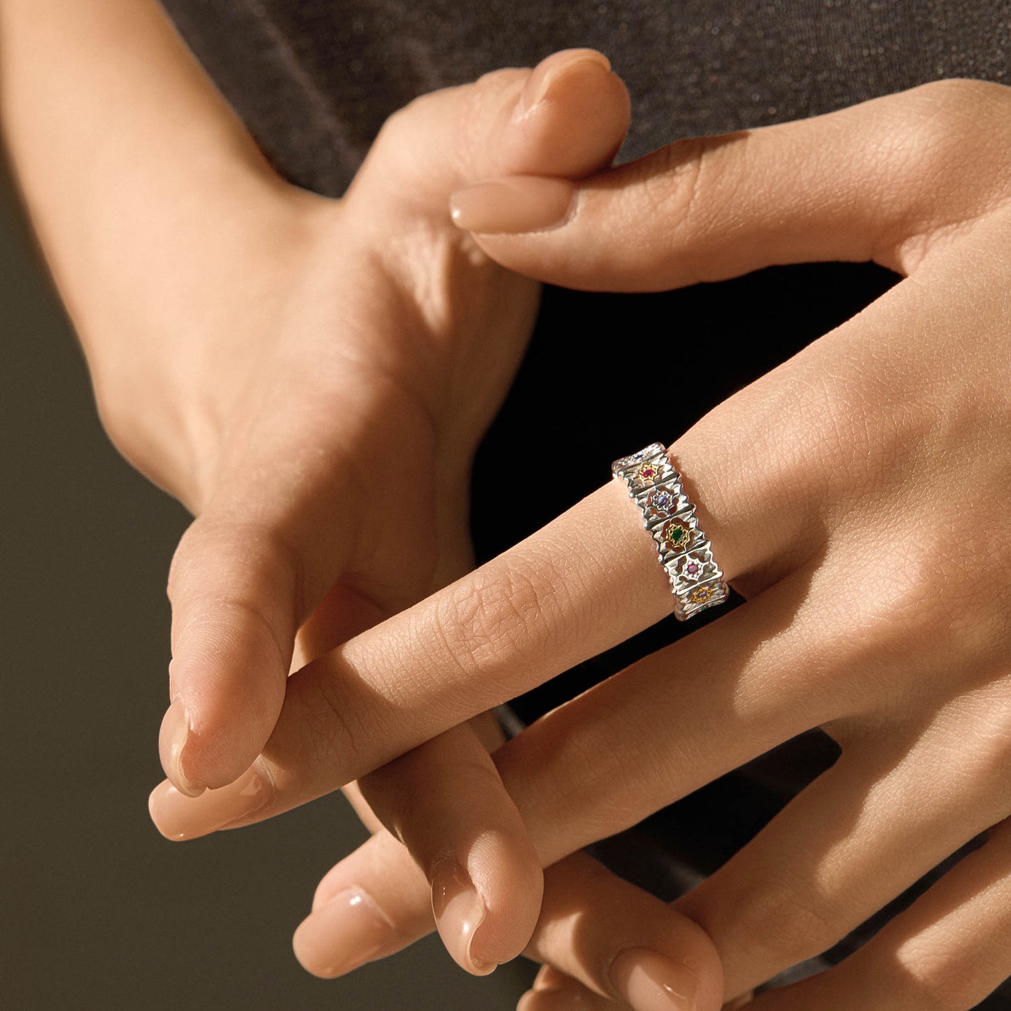 Botanical multicolor crystal silver ring, worn on hand