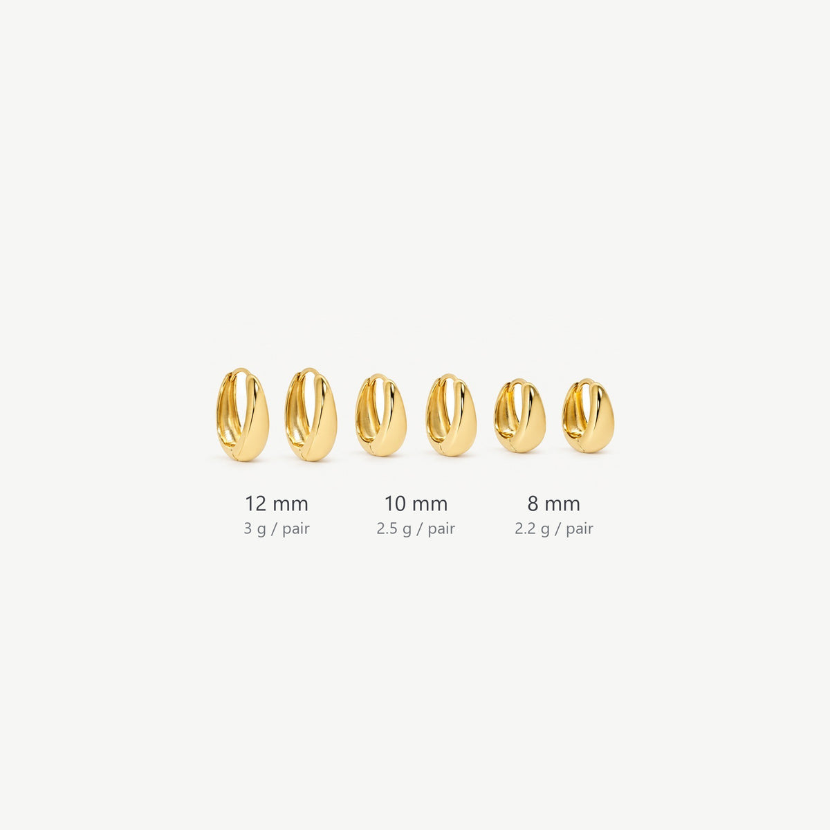 Three pairs of gold teardrop huggie hoops in a row, labelled 12 mm, 10 mm and 8 mm with the weight of each pair
