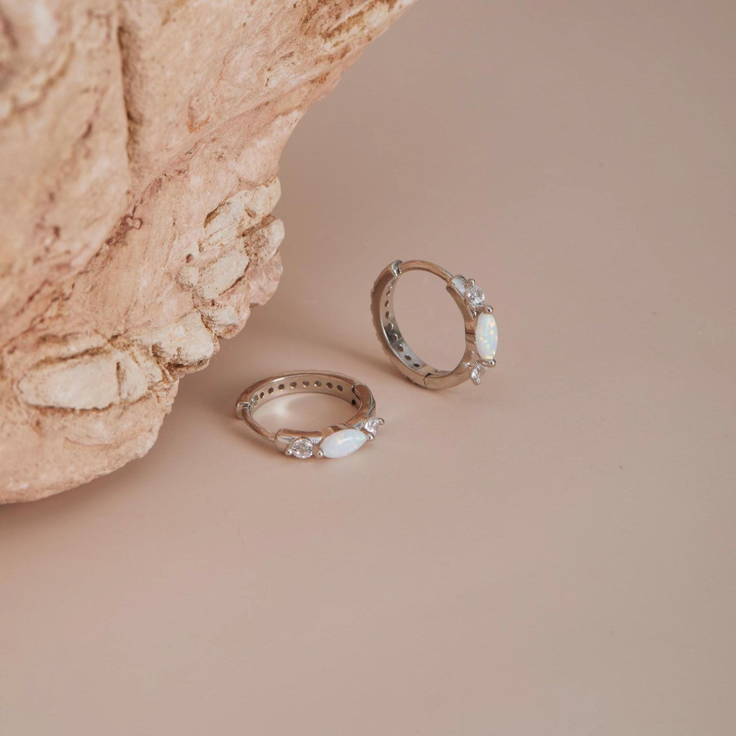 White gold opal huggie hoops with cubic zirconia accents