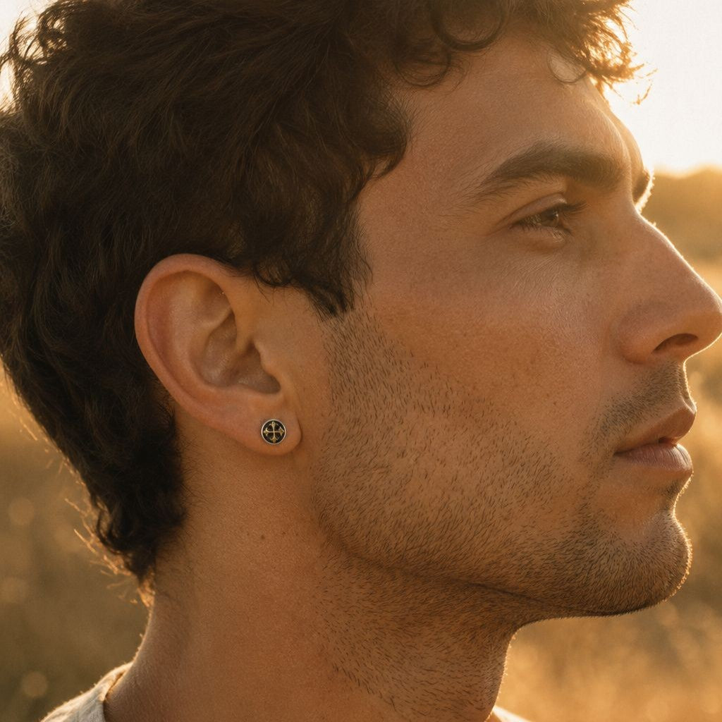 Man in profile wearing men's sterling silver cross medallion stud earrings, an oxidized black disc with a raised gold heraldic cross, in warm golden-hour light.