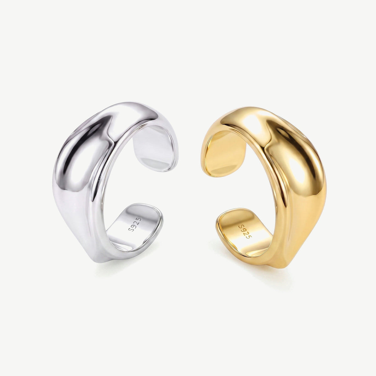 Interior of the gold and silver twisted ear cuffs with the S925 sterling silver hallmark visible