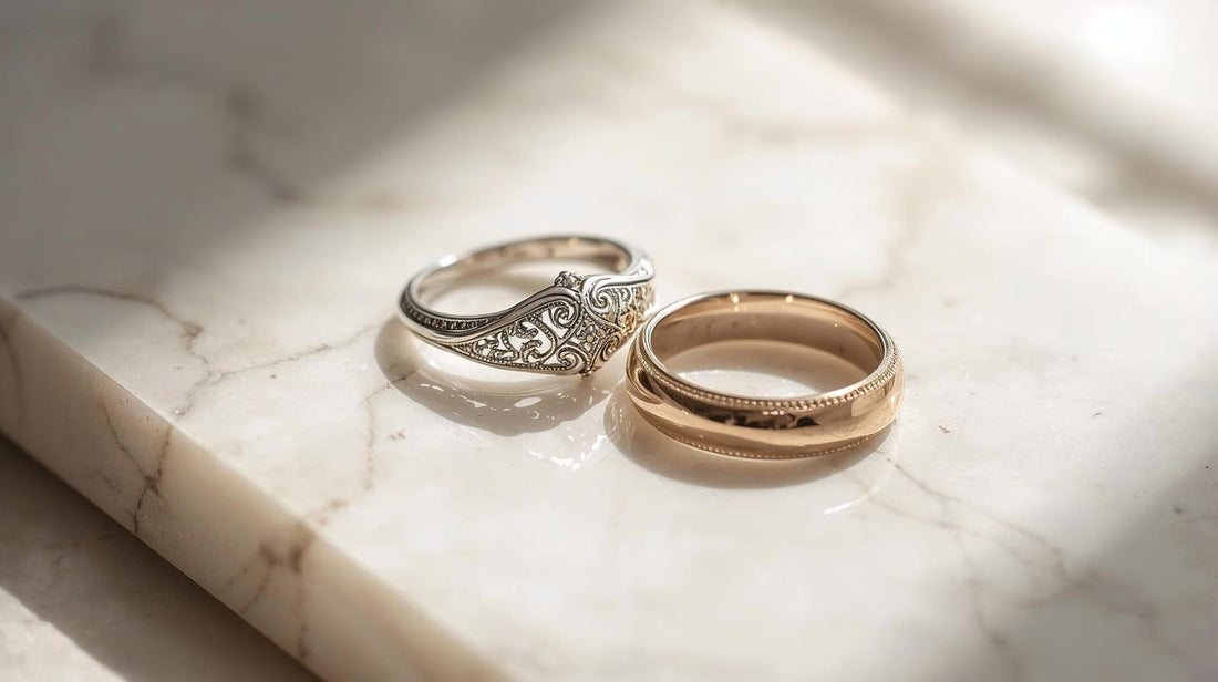 Close-up of sterling silver and gold  jewelry on marble surface, soft natural lighting