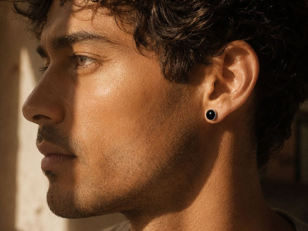 Man wearing a black CZ sterling silver stud earring, men's sterling silver earrings guide