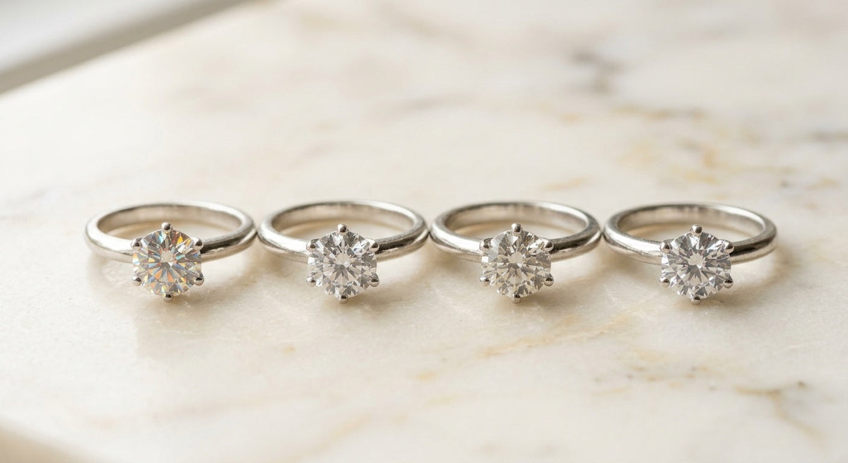 Four wedding ring stone options side by side — moissanite, lab diamond, natural diamond, and CZ in sterling silver solitaire settings
