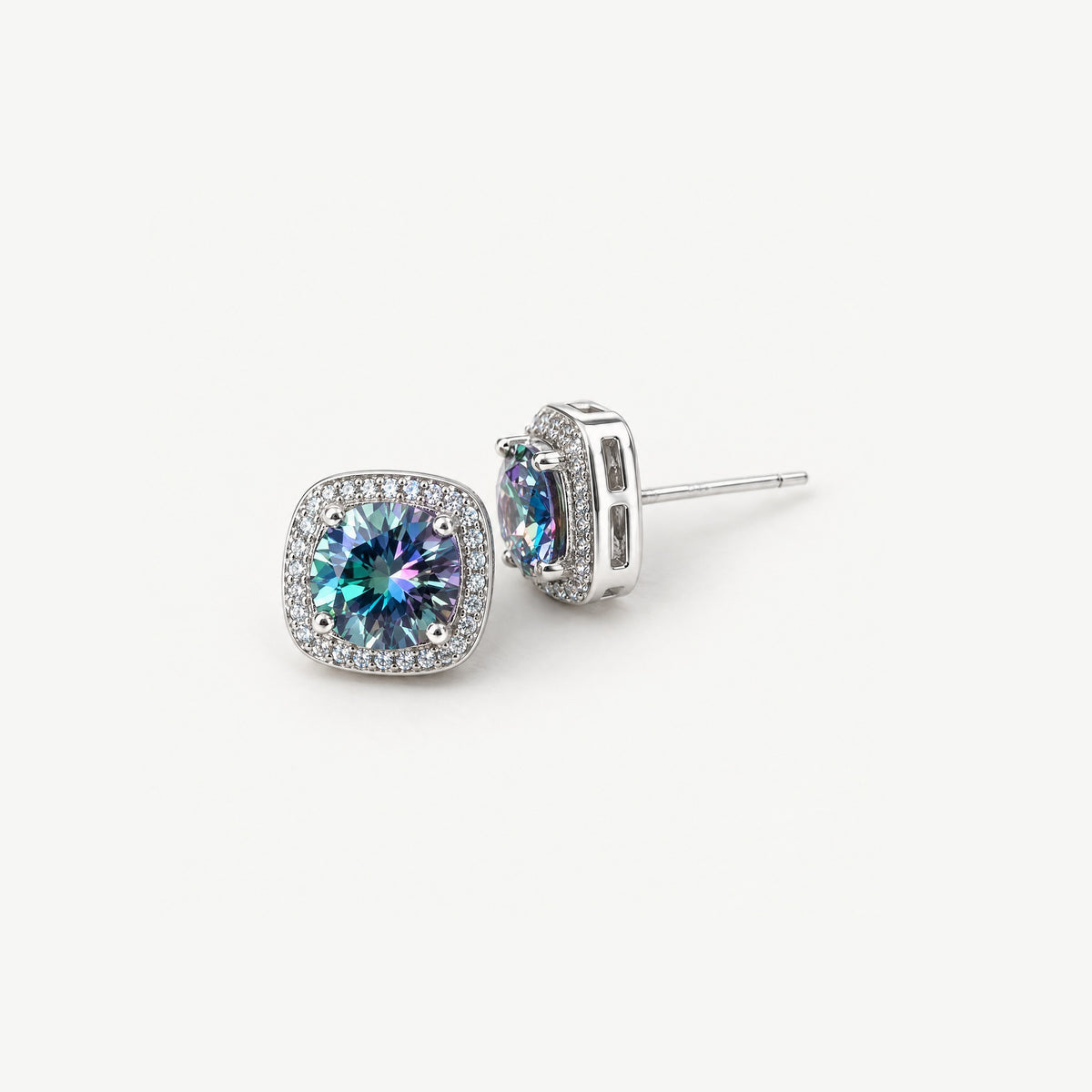 Rainbow blue 1ct moissanite halo stud earrings in sterling silver, side view of the open setting and straight post