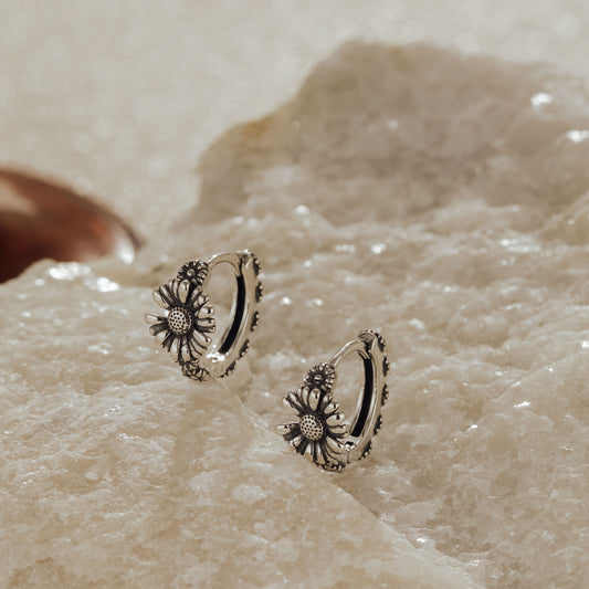 Oxidized Sunflower 925 Sterling Silver Huggie Earrings