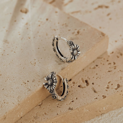 Oxidized Sunflower 925 Sterling Silver Huggie Earrings
