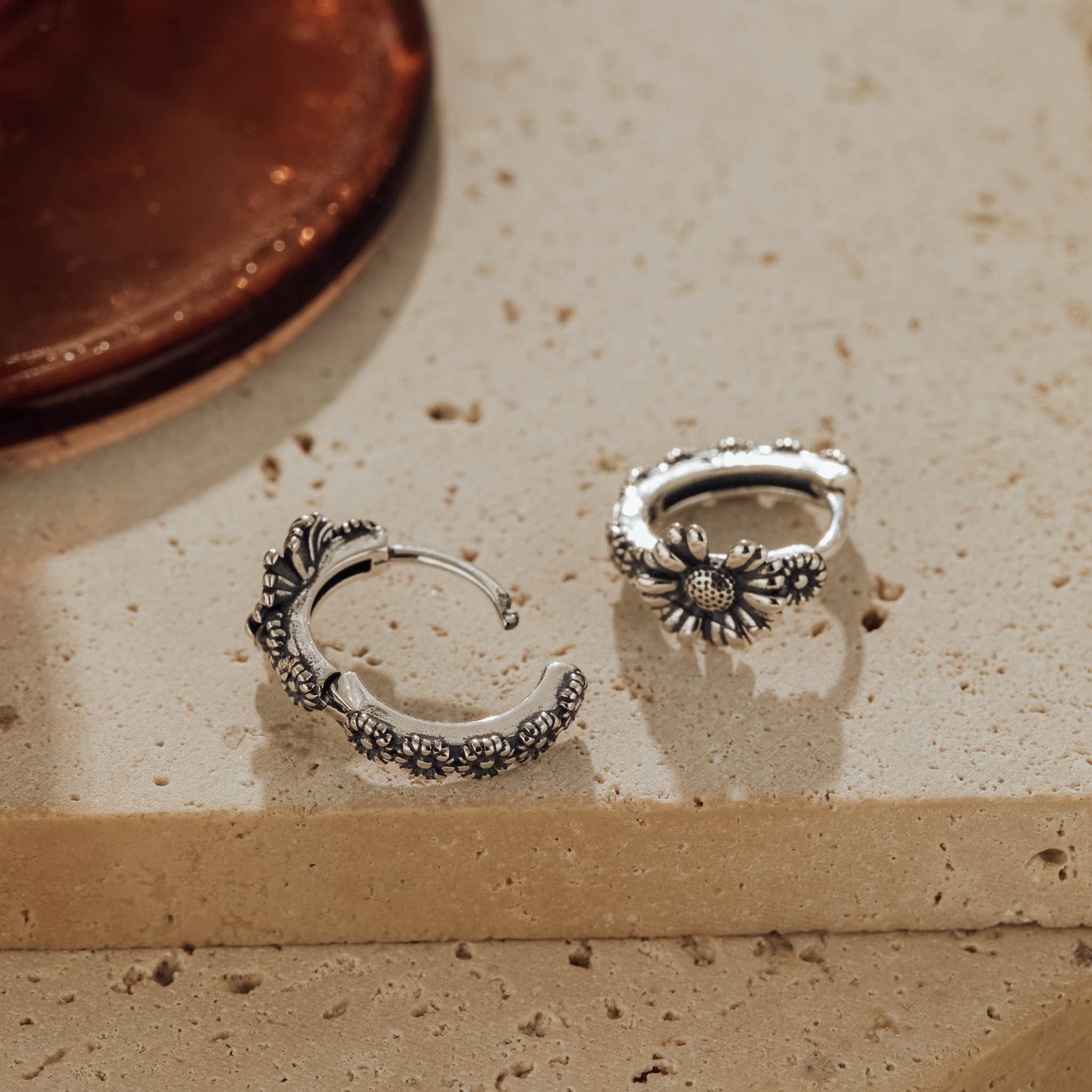 Oxidized Sunflower 925 Sterling Silver Huggie Earrings