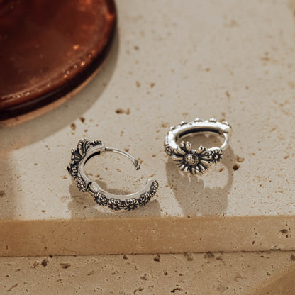 Oxidized Sunflower 925 Sterling Silver Huggie Earrings
