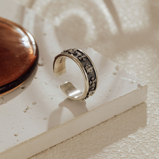 Antiqued sterling silver adjustable ring with crown and cross engravings fits US size 5 and up