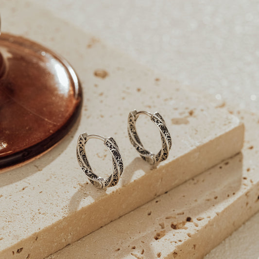 Unisex oxidized silver huggie earrings, minimal engraved design