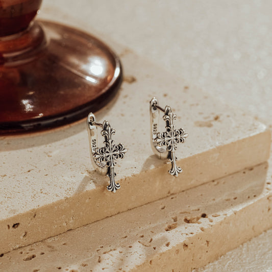 Gothic cross huggie earrings in sterling silver with oxidized detailing