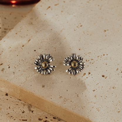 Pair of daisy two-tone sterling silver stud earrings with gold-tone brass centers on stone background