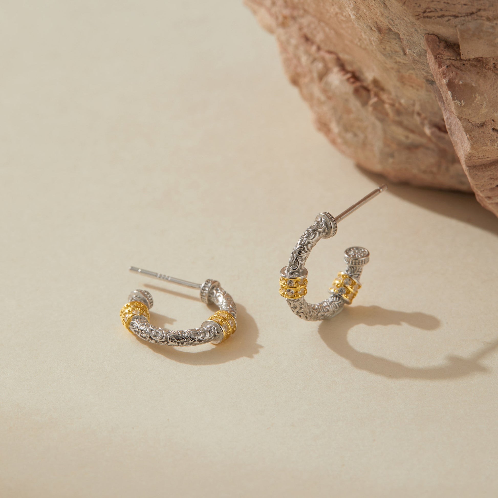 925 sterling silver botanical hoop earrings with yellow gold accents