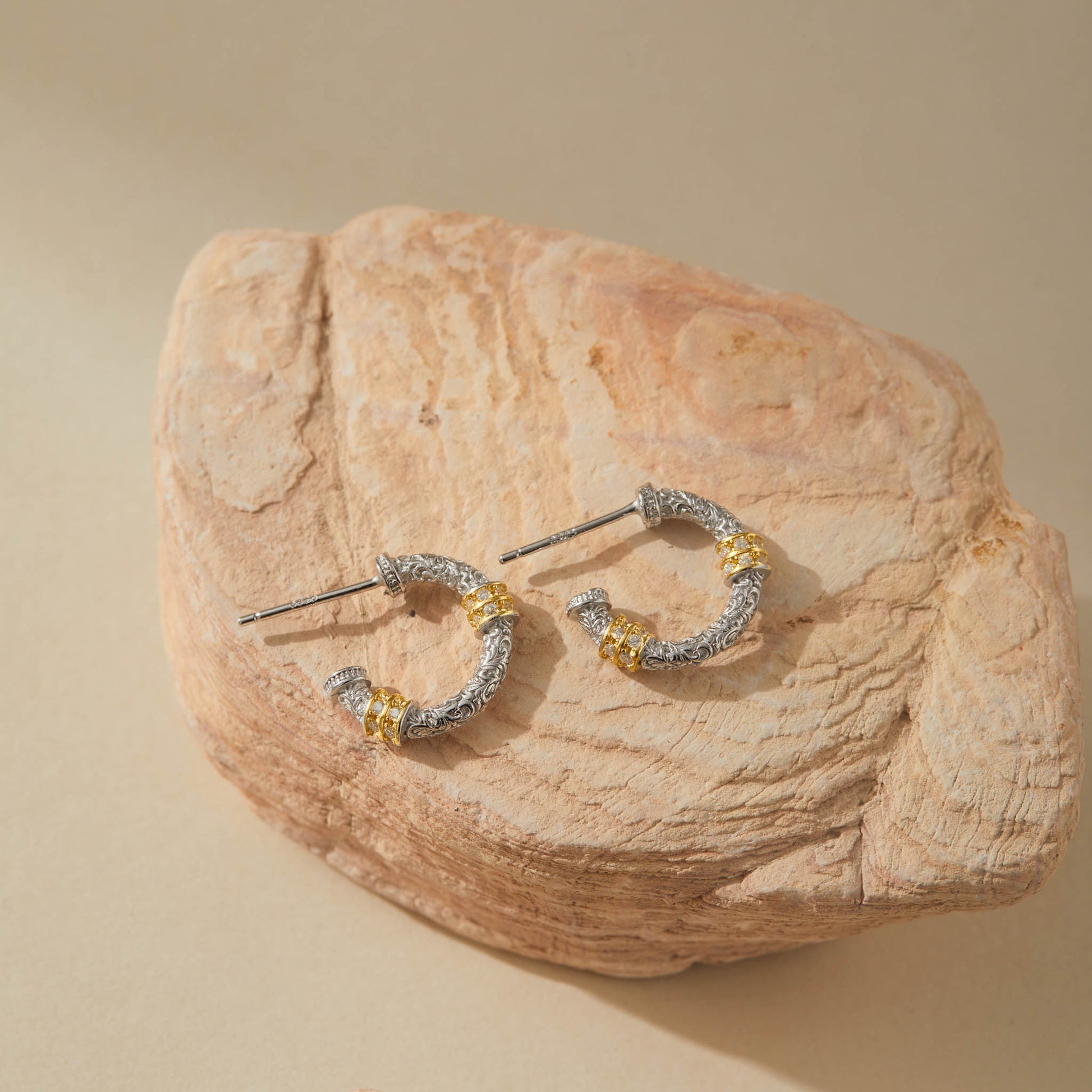 Vintage-inspired silver and gold hoop earrings, 15mm diameter