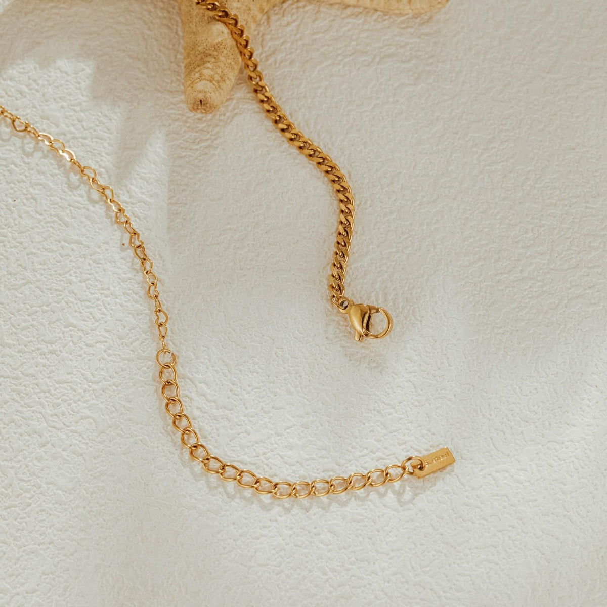 Lobster clasp and 2 inch extender chain of the gold plated seashell charm necklace on a textured white surface