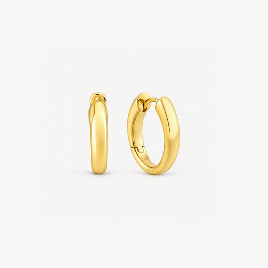 Pair of tapered gold-plated sterling silver huggie hoops, one face-on, one turned to show the hinge and inside