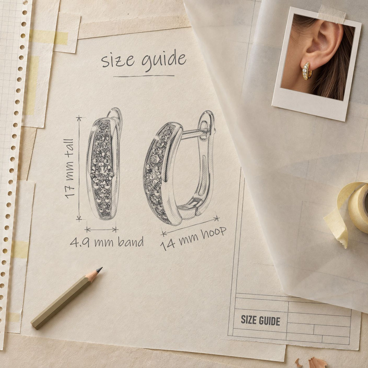 Size guide sketch of the moissanite huggie hoop earrings, labelled 17 mm tall, 4.9 mm band and 14 mm hoop