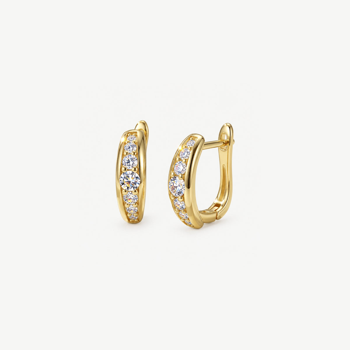 Front view of a gold moissanite huggie hoop beside a three-quarter view of its hinged latch and U-shaped back