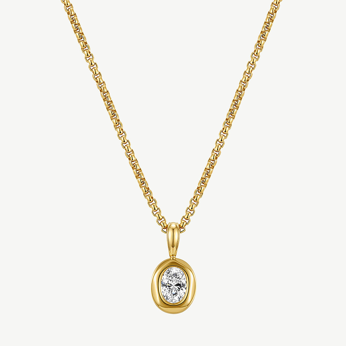 Front view of a 14k gold plated oval pendant necklace hanging straight, oval-cut stone in a smooth bezel and bail