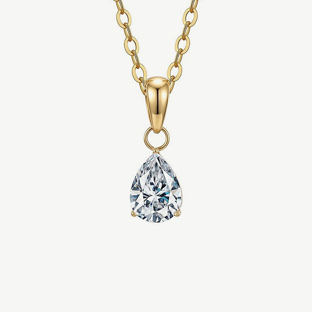 Front view of a 14k gold plated pear pendant necklace, the pear cubic zirconia held by three prongs on a cable chain