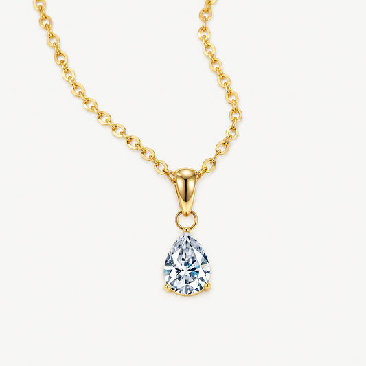 14k gold plated stainless steel pear necklace, a pear-cut clear stone in three prongs below a rounded bail