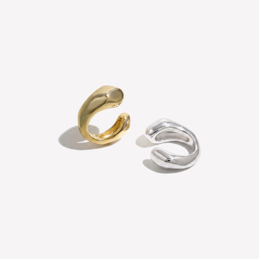Gold plated and sterling silver ear cuffs side by side showing both colourways, sold singly