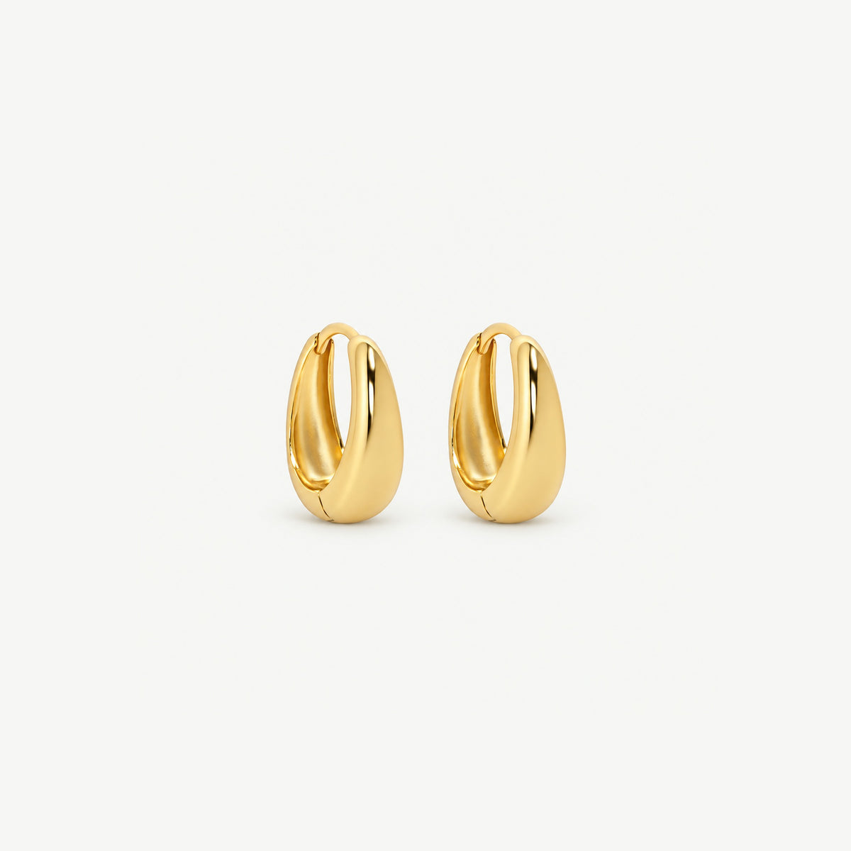 Pair of 10 mm gold-plated sterling silver teardrop huggie hoops, the polished dome swelling toward the bottom