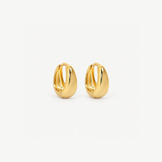 Pair of 8 mm gold-plated teardrop huggie hoops standing upright, the smallest size with a short rounded drop