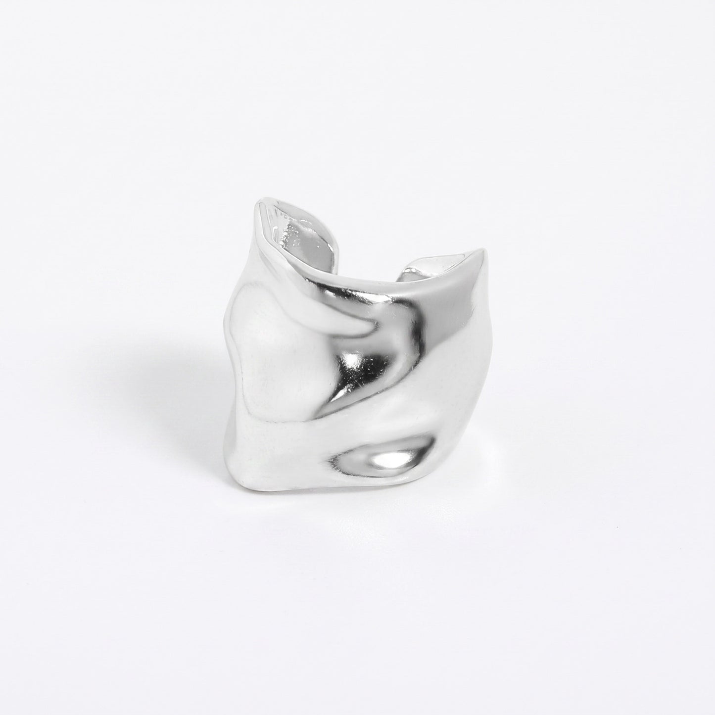 Hammered sterling silver ear cuff in the large width, tall sculpted band in a soft matte finish