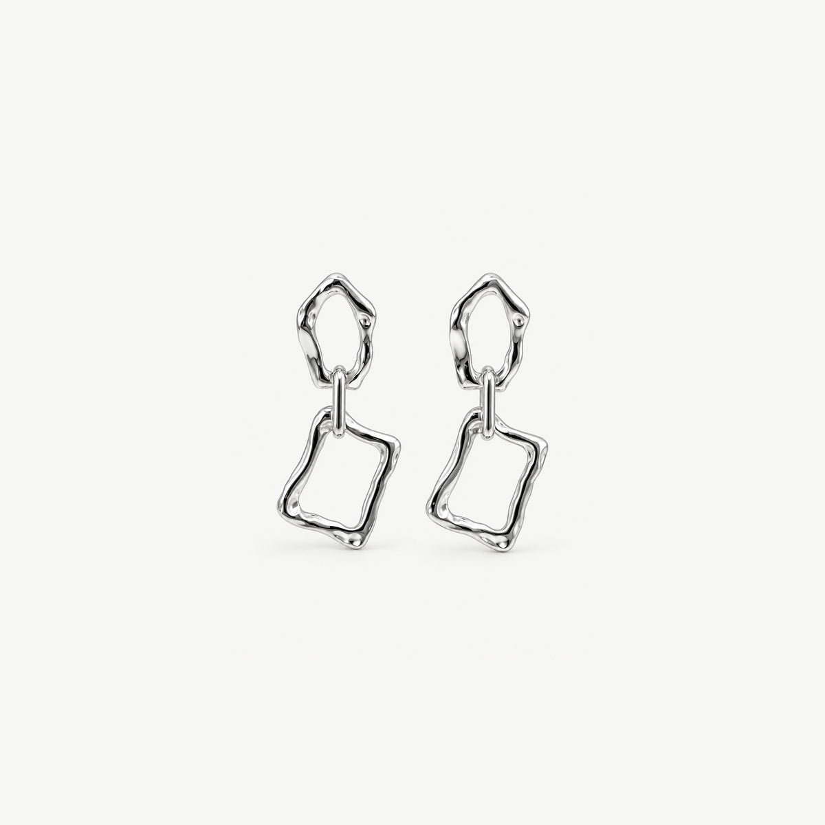 Front view of sterling silver molten link dangle earrings, rippled texture on the oval top link and rectangular frame