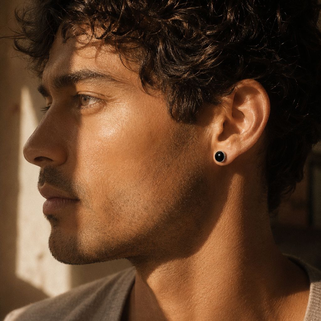 Man wearing sterling silver black onyx stud earring with Greek key engraved bezel, shown in warm natural light against a soft neutral background.