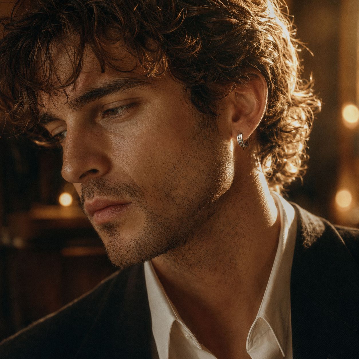 Male model wearing Museori sterling silver gothic cross and fleur-de-lis huggie hoop earring in warm candlelit interior.