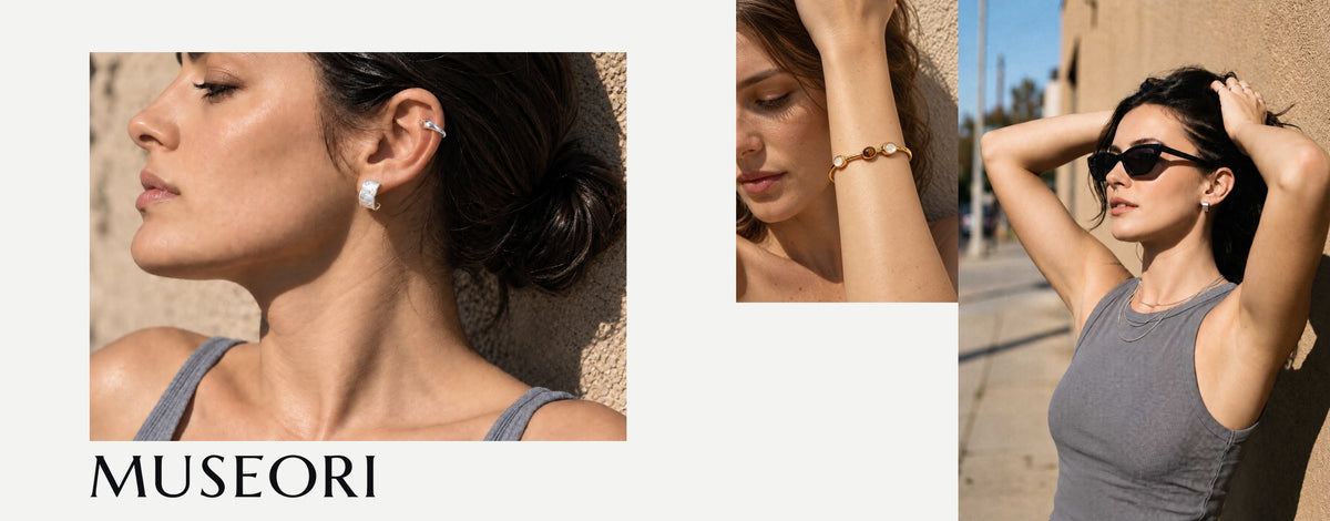 Three sunlit photos: a silver ear cuff and star-set half-hoop earring, a gold cuff bracelet with three oval stones, and a woman in sunglasses against a stucco wall