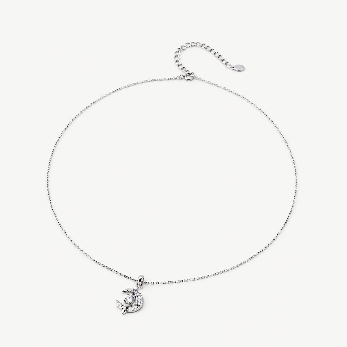 Sterling silver crescent moon dolphin necklace laid in a circle, showing the cable chain, clasp and extender tag
