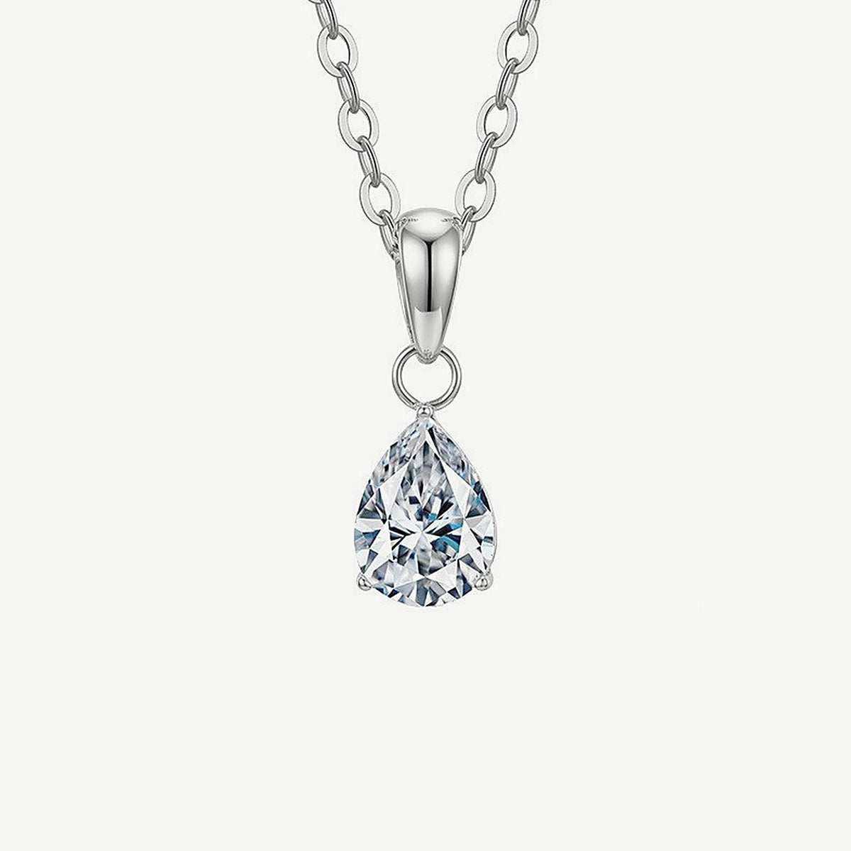 Front view of a silver tone stainless steel pear pendant hanging straight, three prongs holding the clear stone