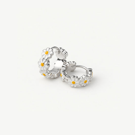 Daisy hoops 925 sterling silver huggie earrings with white enamel petals and gold centers