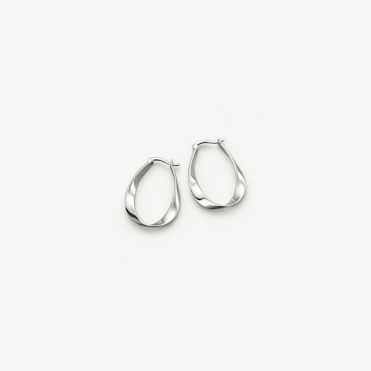 Pair of sterling silver twisted teardrop hoop earrings side by side, polished ribbon bands and latch tops in front view
